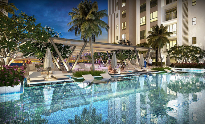 Hồ bơi mềm mại uốn lượn quanh hơn 3,2ha diện tích cảnh quan của dự án