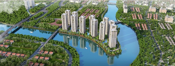 Phối cảnh dự án Gem Riverside có quy hoạch lấy ý tưởng từ những ốc đảo của Vịnh Hạ Long